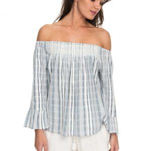 Womens Roxy Moon Light Blue & White Striped Off The Shoulder Top | Size S